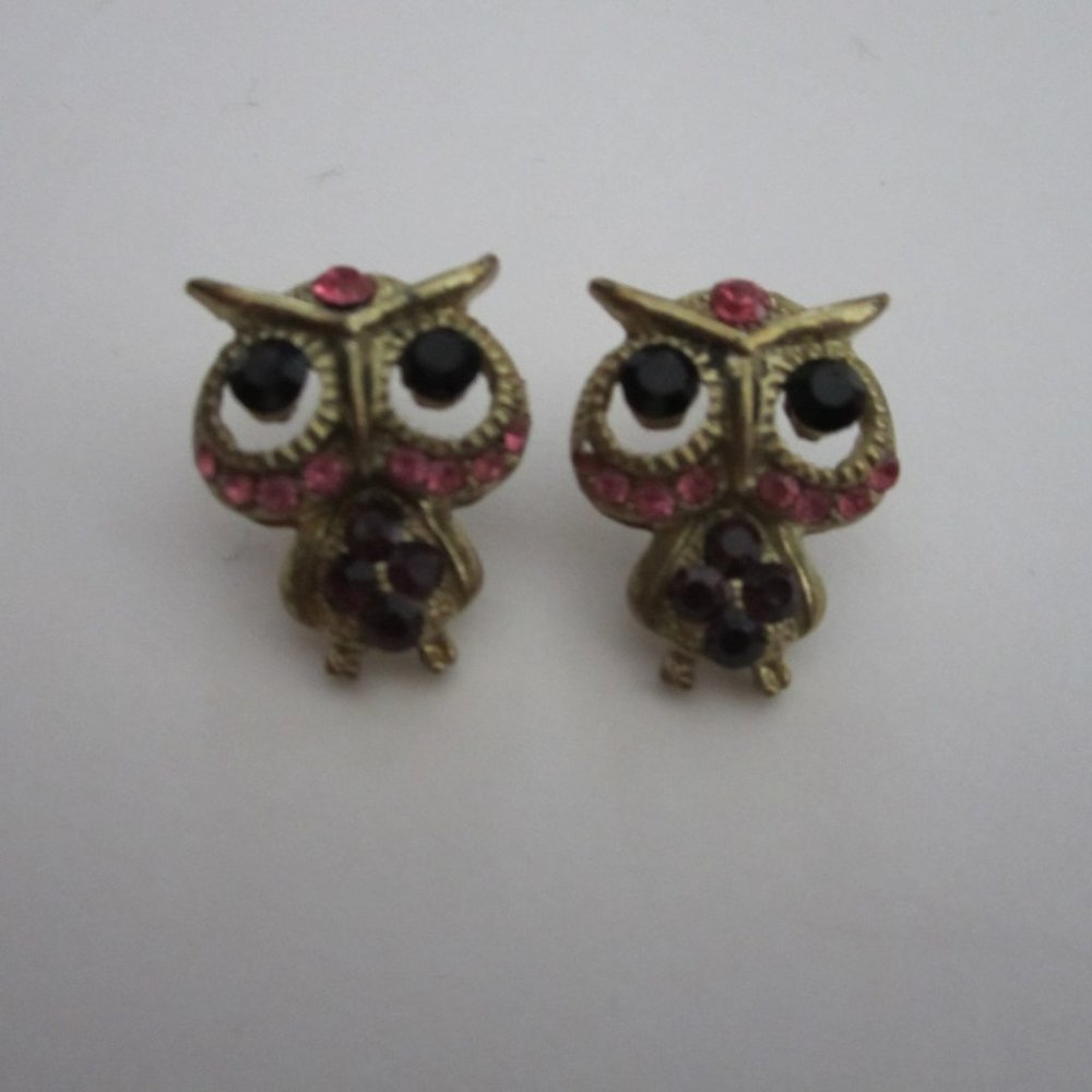 Owl Pink and purple crystal gold tone earrings